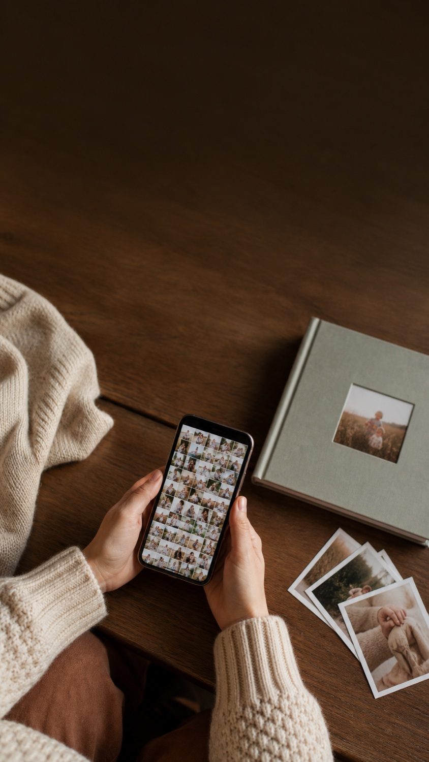A parent organizing family memories beside a photo book