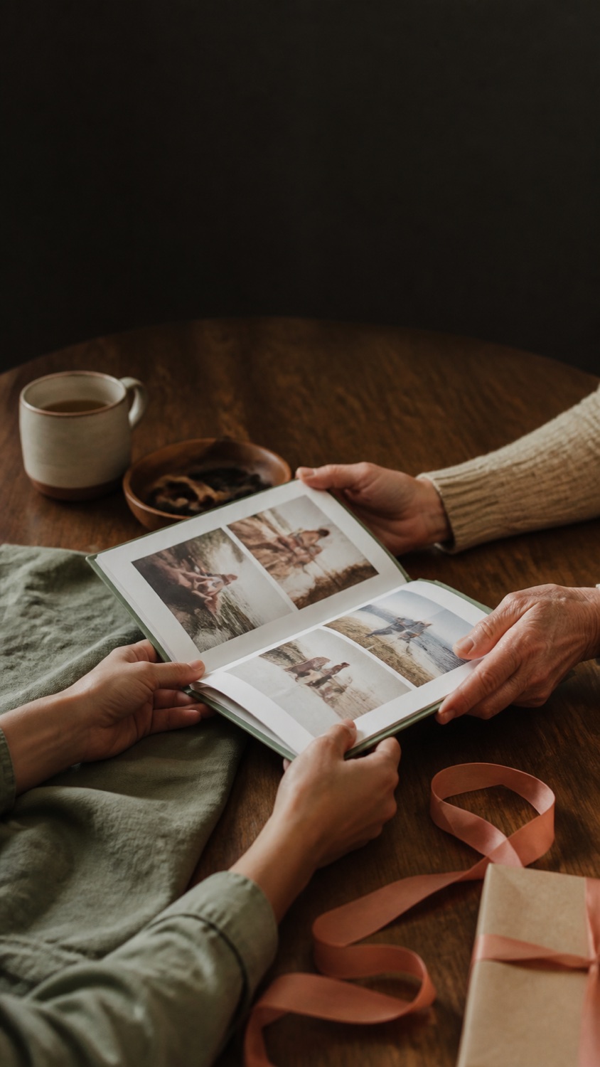 A printed family photo book shared between generations