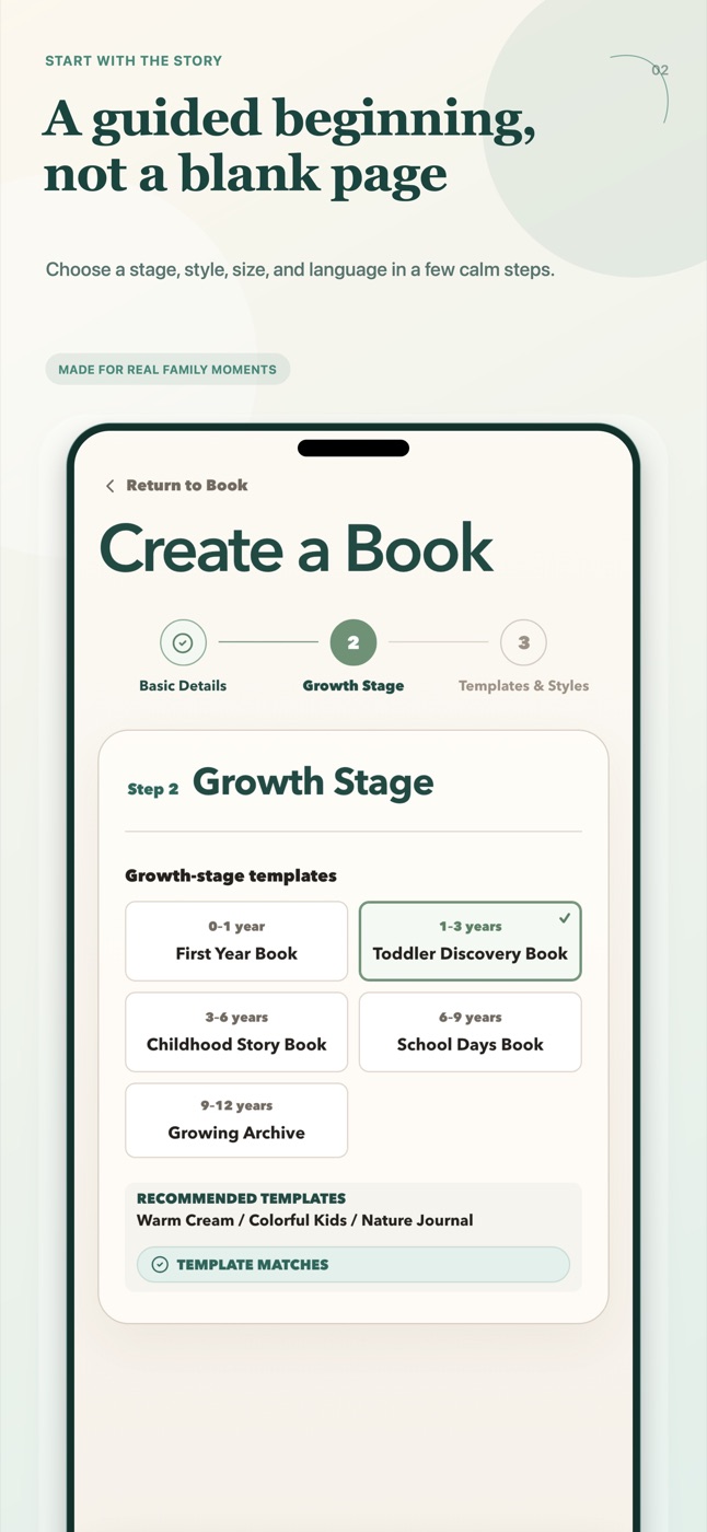 BabyBook showing a complete first photo-book draft on iPhone