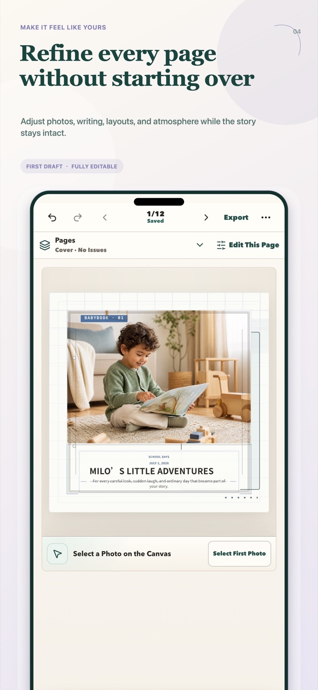 Editing a photo-book page in BabyBook on iPhone
